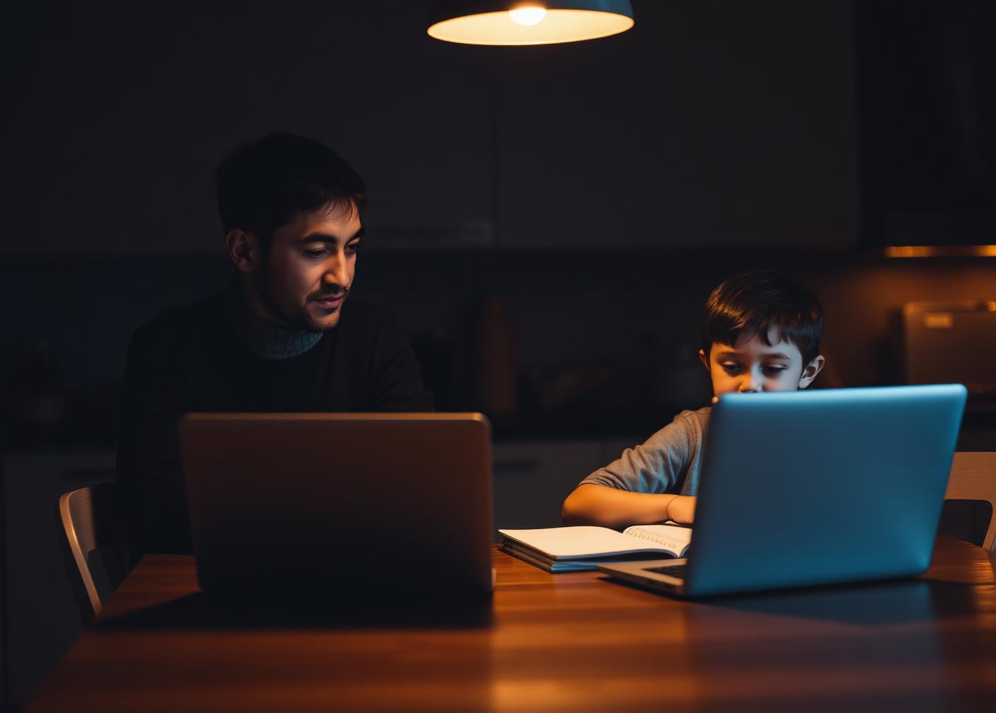 A parent and child doing homework in evening light