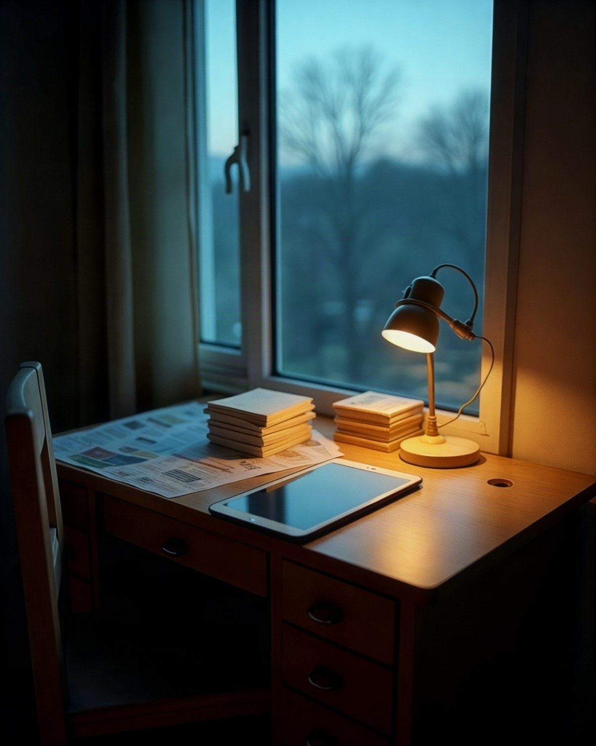 A child's desk by a window at dusk, one warm lamp on, a tablet face down beside a stack of books